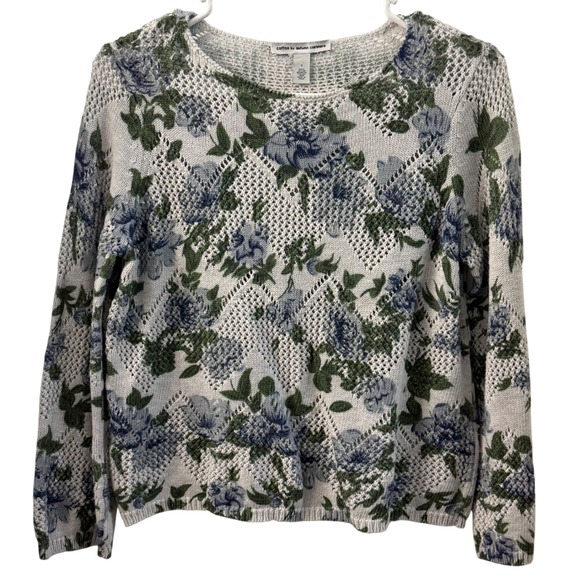 Autumn Cashmere Sweaters - Cotton by Autumn Cashmere Floral Knit Sweater Top Women's Size S Blue Green